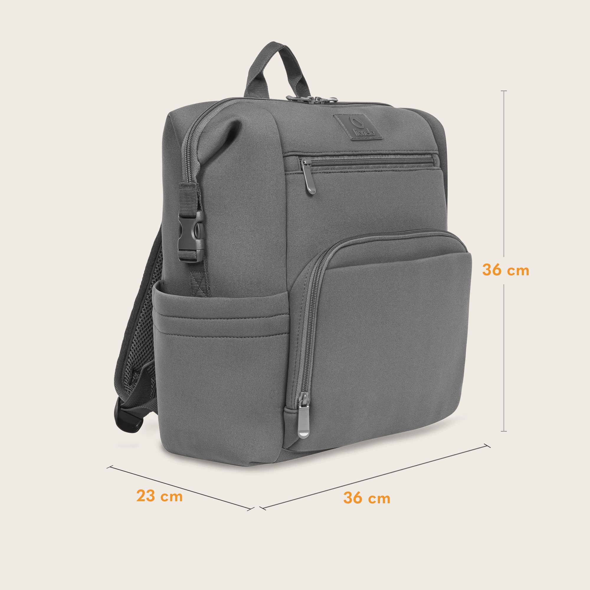 lionelo Cube zaino da città, leggero per passeggiate e viaggi con bambino, multifuntzione 12 tasche, Resistente, Impermeabile, Tasca termica, Agganciabile al passeggino, Fasciatoio, 36x36x23cm