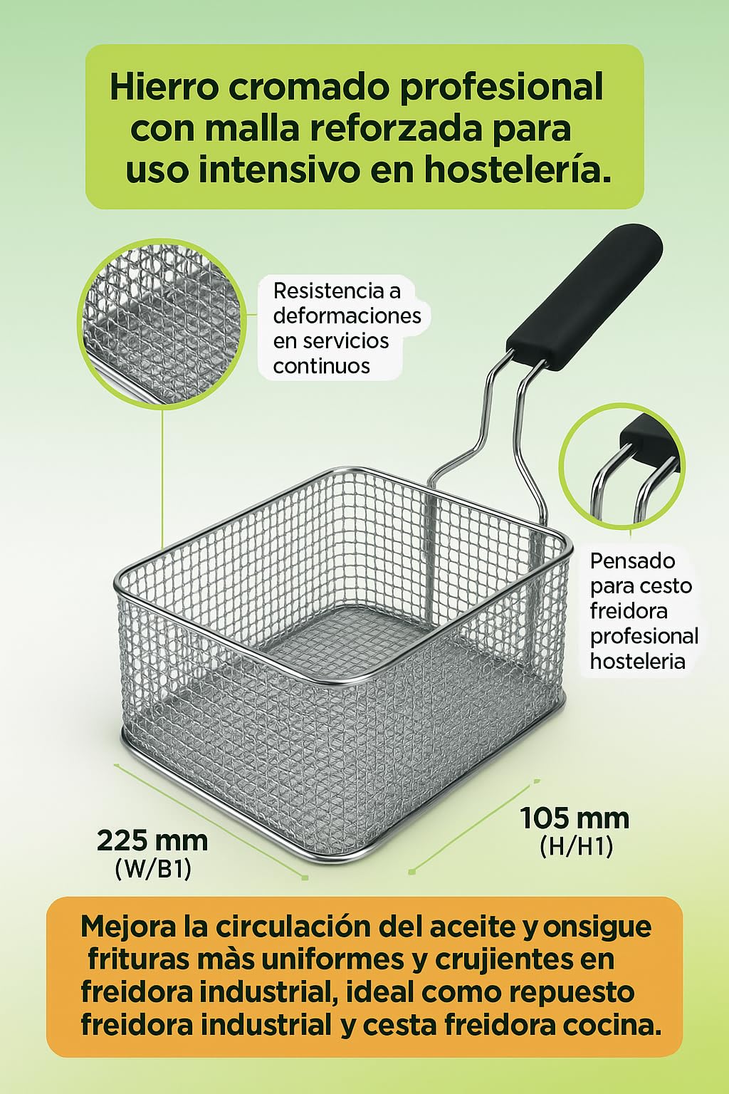 CubetasGastronorm ® cesta freidora 220x250x105mm hierro cromado repuesto profesional freidora industrial compatible con Roller Grill Fagor Edesa modelo FE-6 referencia 693017 repuesto cocina pro