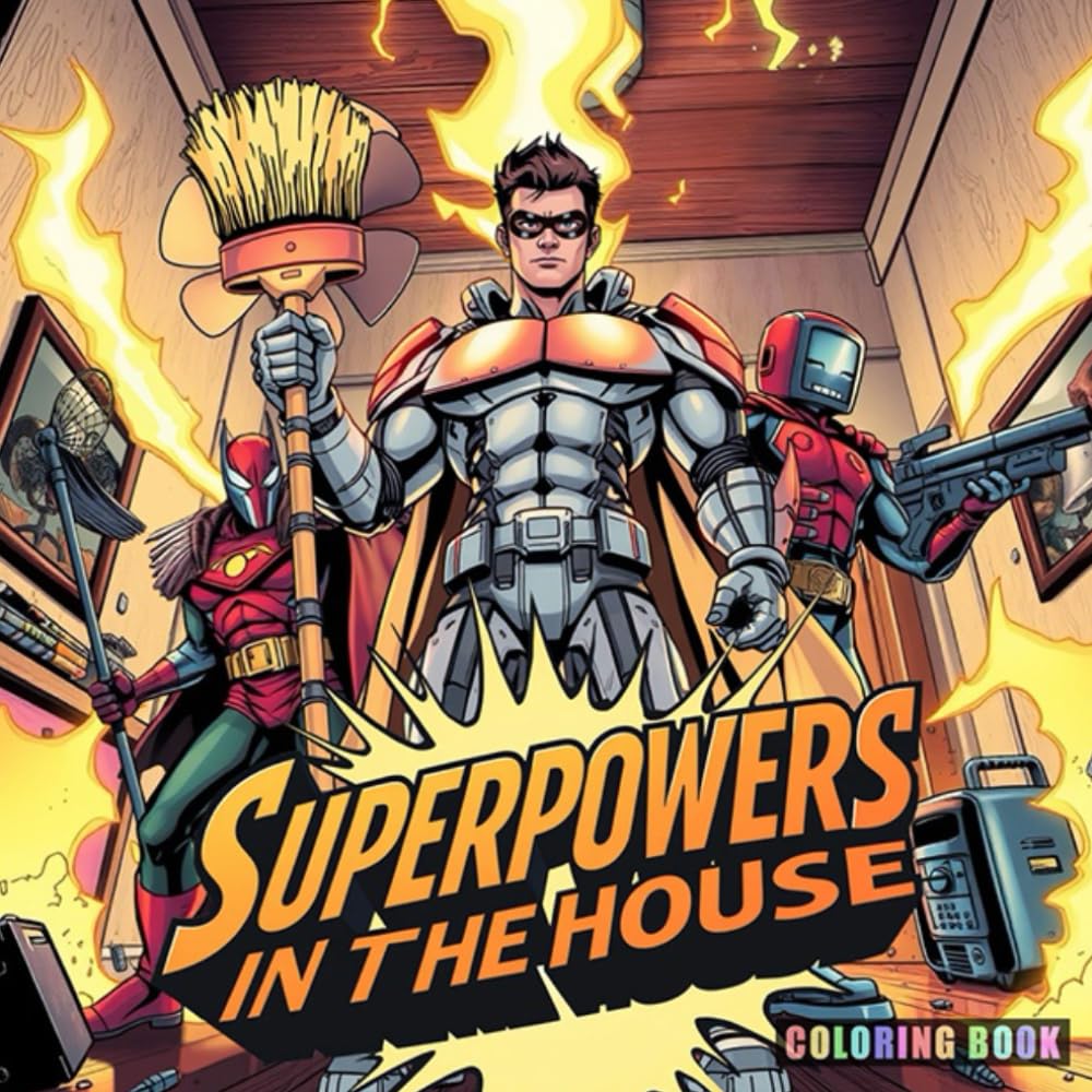 Superpowers in the House: A coloring book for adults, teenagers, and children featuring superheroes and household items.