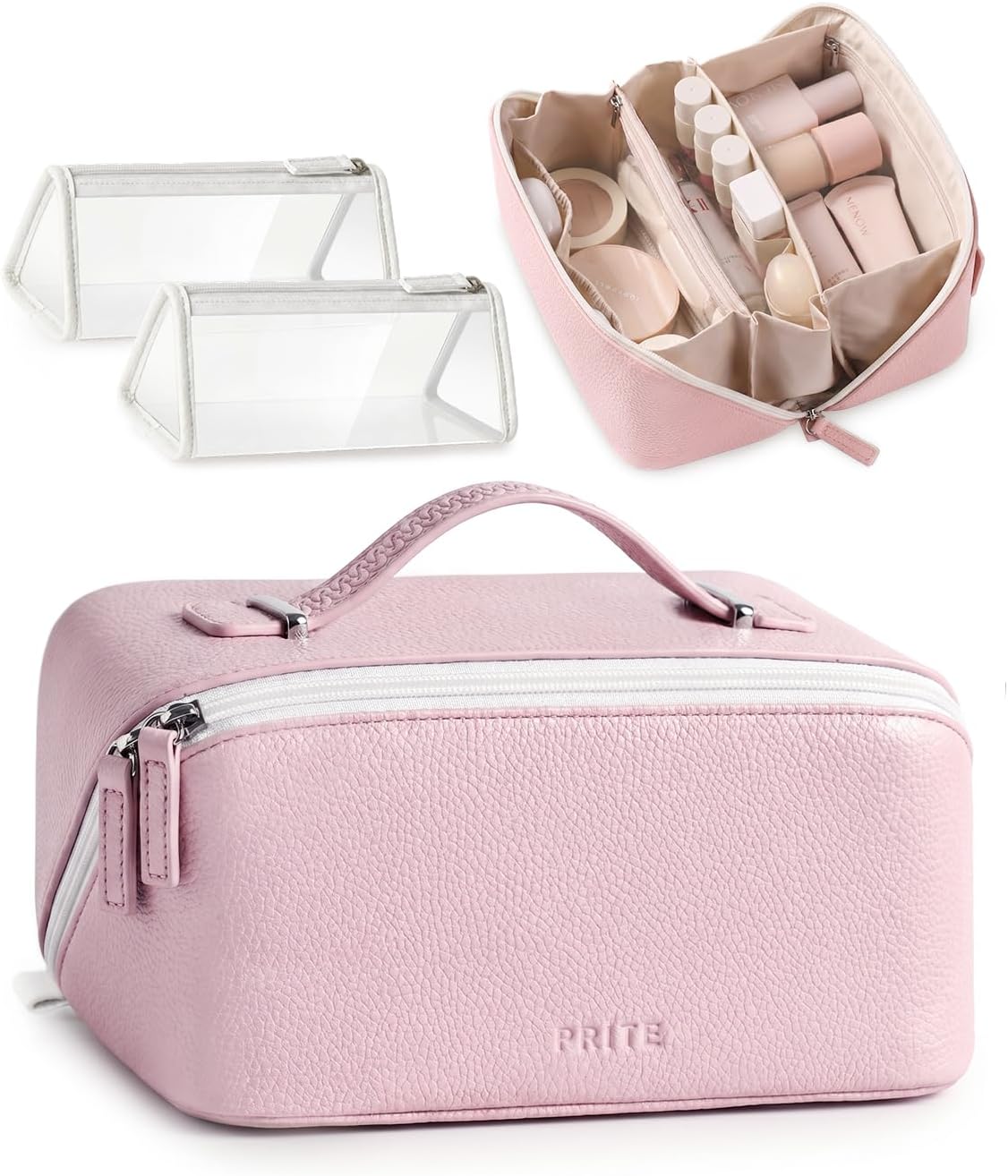 Prite 3 Pcs Makeup Bag Set Travel Cosmetic Organizer Vegan Leather Waterproof Toiletry Bag with 2 Clear Pouches for Women