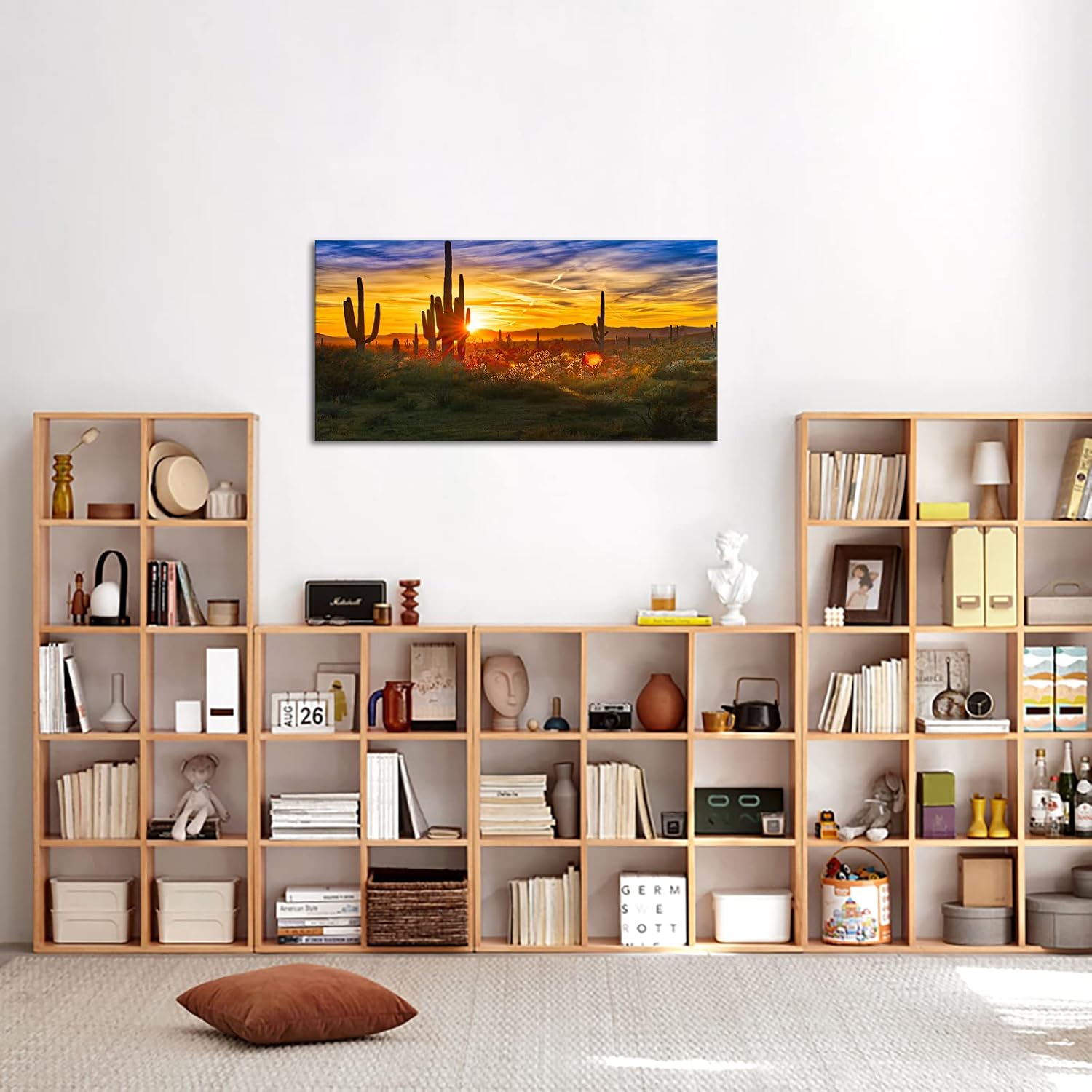 VANSEEING Modern Canvas Wall Art Golden Sunset Arizona Sonoran Desert Landscape Painting Saguaro Cactus Pictures Print on Canvas Botanica Decor for Bedroom Living Room Office 20x40inch