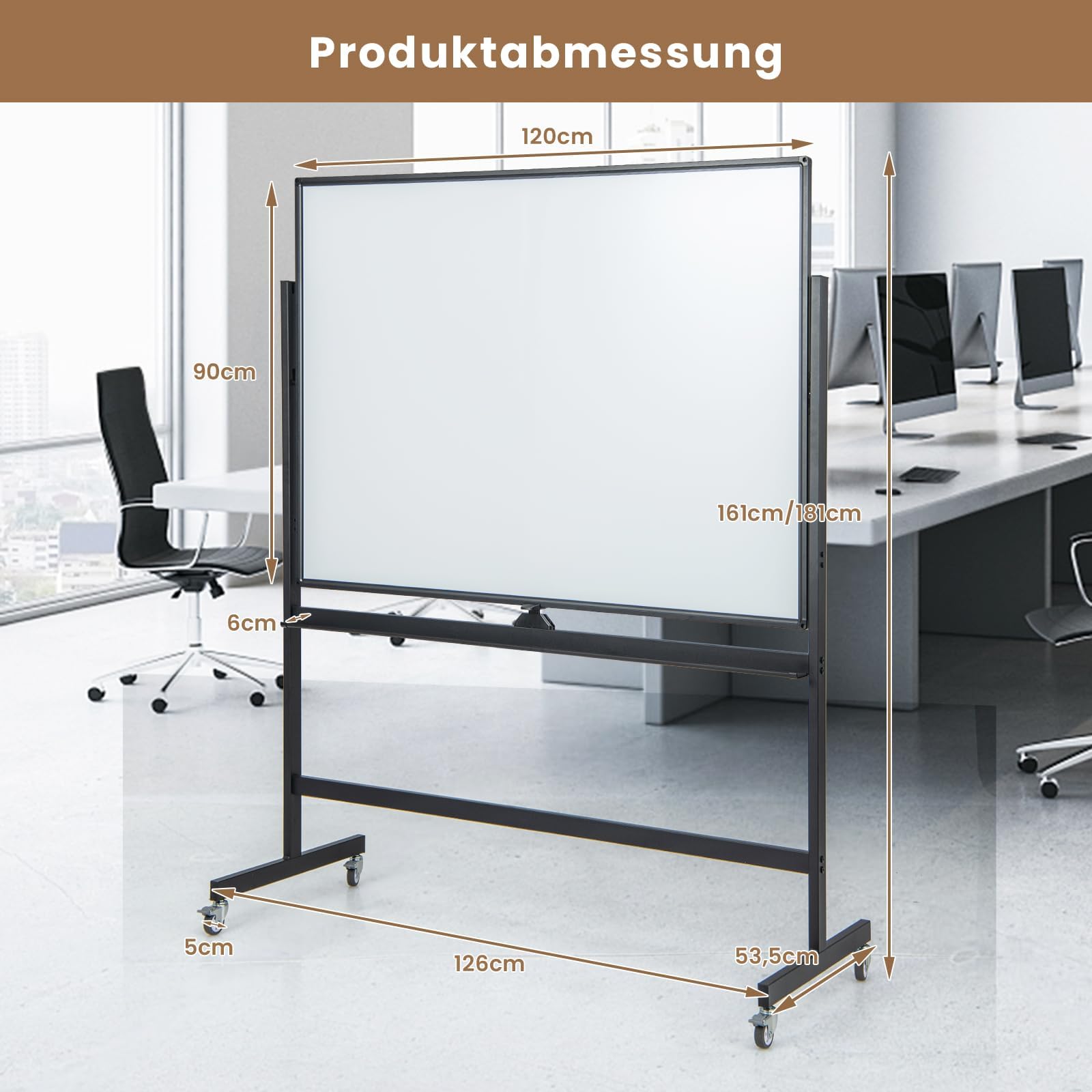 FANTASK Doppelseitiges mobiles Whiteboard, 120 x 90 cm, Trocken abwischbares magnetisches Whiteboard mit Gittermuster, Rollen, Ständer und Stiftablage, inkl. Zubehör für Büro, Zuhause (Schwarz)