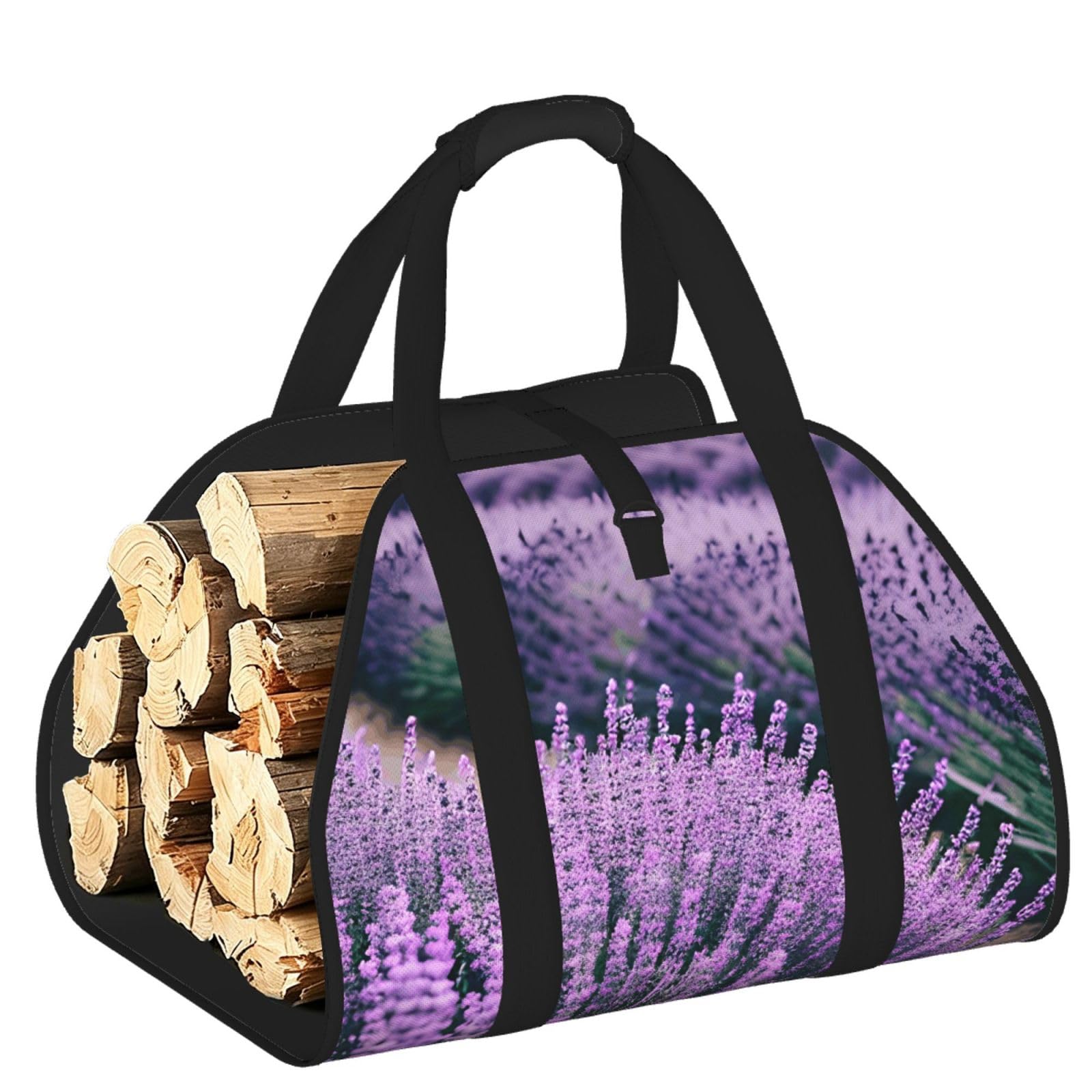 Ayyqwe Black Purple Lavender Print Firewood Bag Wood Waterproof Versatile Camping Picnic Storage Daily Home