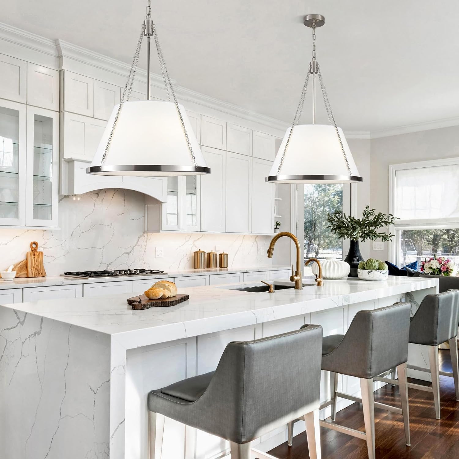 18.9" Brushed Nickel Drum Chandelier Dining Room Light Fixture,4-Light Large Pendant Light Fixture for Kitchen Island,Adjustable Hanging Lighting with White Fabric Shade for Foyer, Living Room,E12
