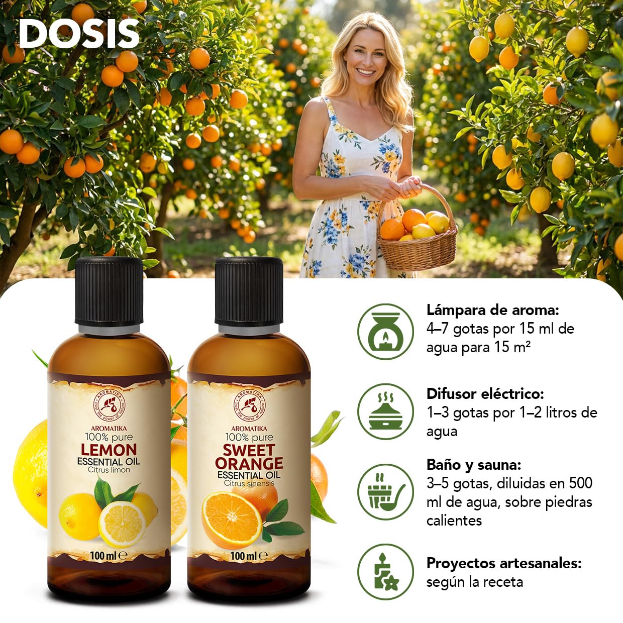 Aceite Esencial de Limón & de Naranja Dulce 2x100 ml - Citrus Limon - Citrus Sinensis - Natural y Puro - Aceites Esenciales para Difusores - Fragancias para el Hogar - Aroma Cítrico - Aromaterapia