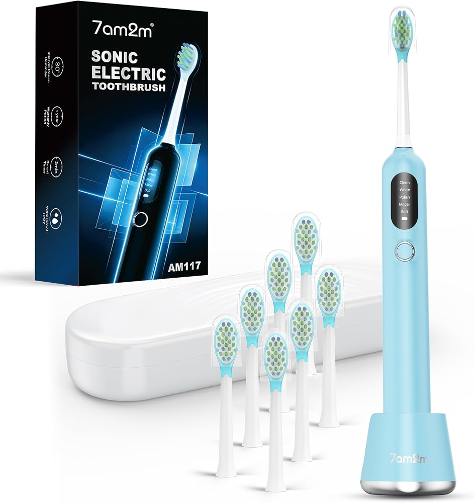 Amazon product image of 7AM2M Sonic Electric Toothbrush for Adults&Kids, 8 Brush Heads&Travel Case | 40000VPM Powered Rechargeable Toothbrush, One Charge for 365 Uses, Type-C, 5 Modes, Smart Timer, IPX7 Waterproof, Light Blue