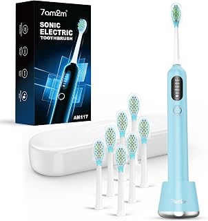 7AM2M Sonic Electric Toothbrush for Adults&Kids, 8 Brush Heads&Travel Case | 40000VPM Powered Rechargeable Toothbrush, One Charge for 365 Uses, Type-C, 5 Modes, Smart Timer, IPX7 Waterproof, Light Blue