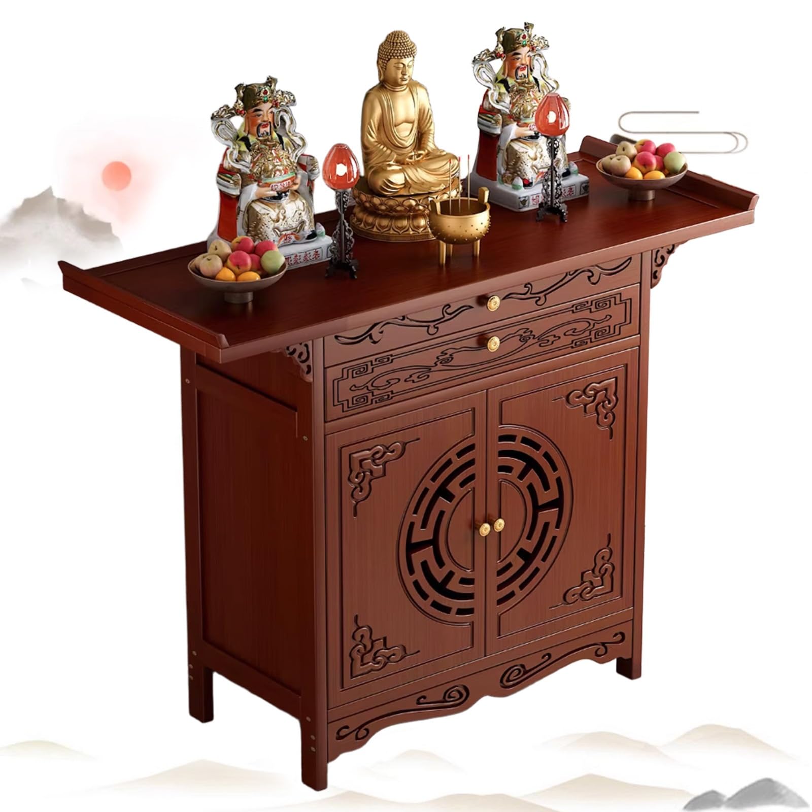 Table d'autel de méditation 120 cm en bois brun avec rangement pour salon