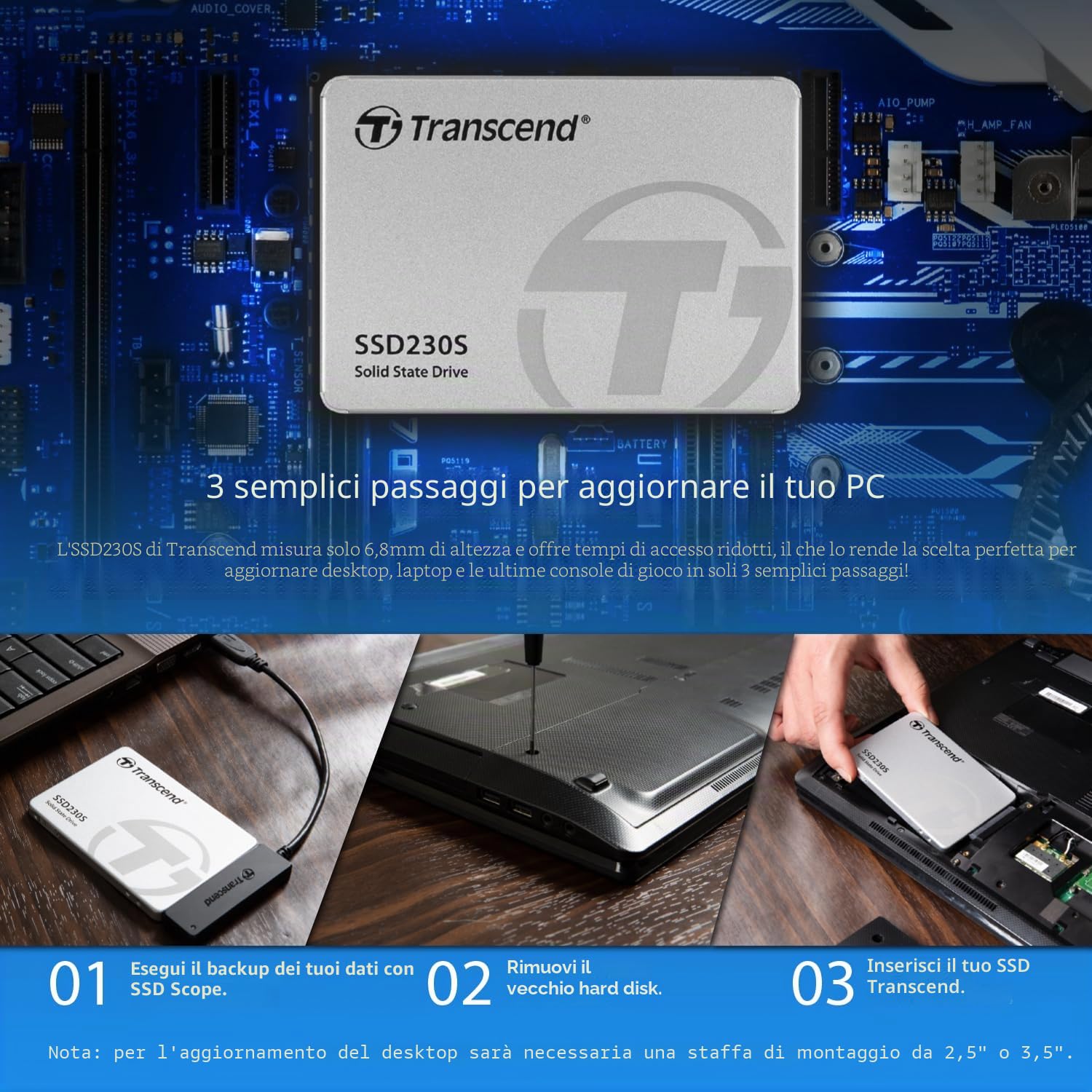 Transcend SSD interno da 1 TB SSD230S SATA III 6 Gb/s 2,5 pollici, memoria 3D TLC NAND con cache DRAM - TS1TSSD230S