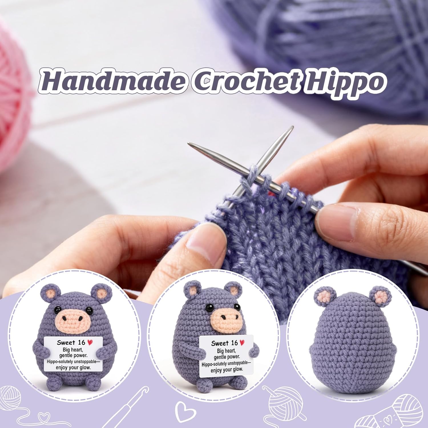 Gift for 16 Year Old Teens — Gray Crochet Hippo/Hippopotamus 4" Handmade Amigurumi Plush, with “Sweet 16 Big Heart, Gentle Power. Hippo...”, Small Stuffed Animal Desk Decor - Image 3