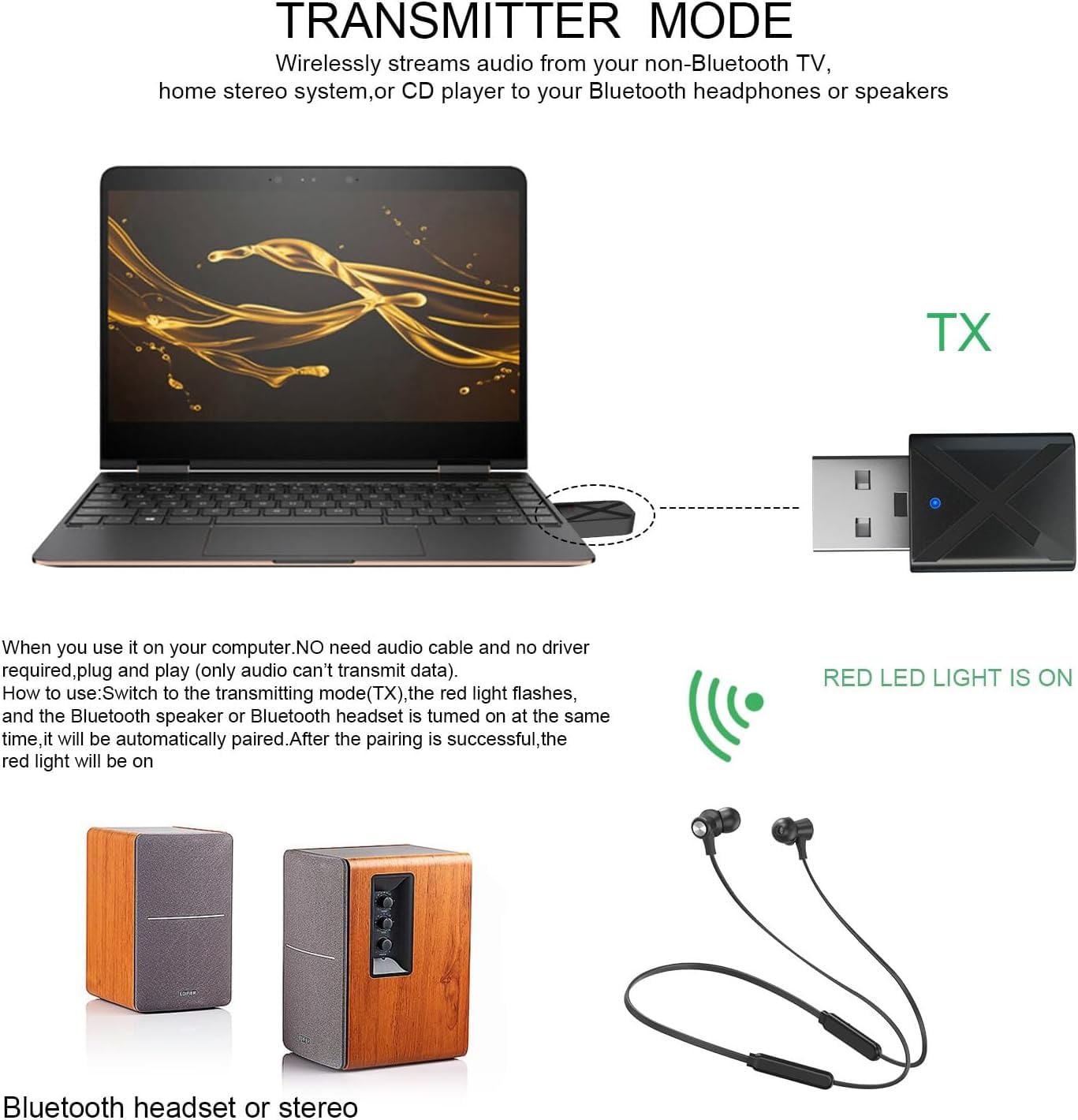 Digitalkey Bluetooth 5.0 Adapter nadajnik i odbiornik USB do telewizora, komputera, słuchawek, głośników, radia samochodowego z kablem audio AUX 3,5 mm