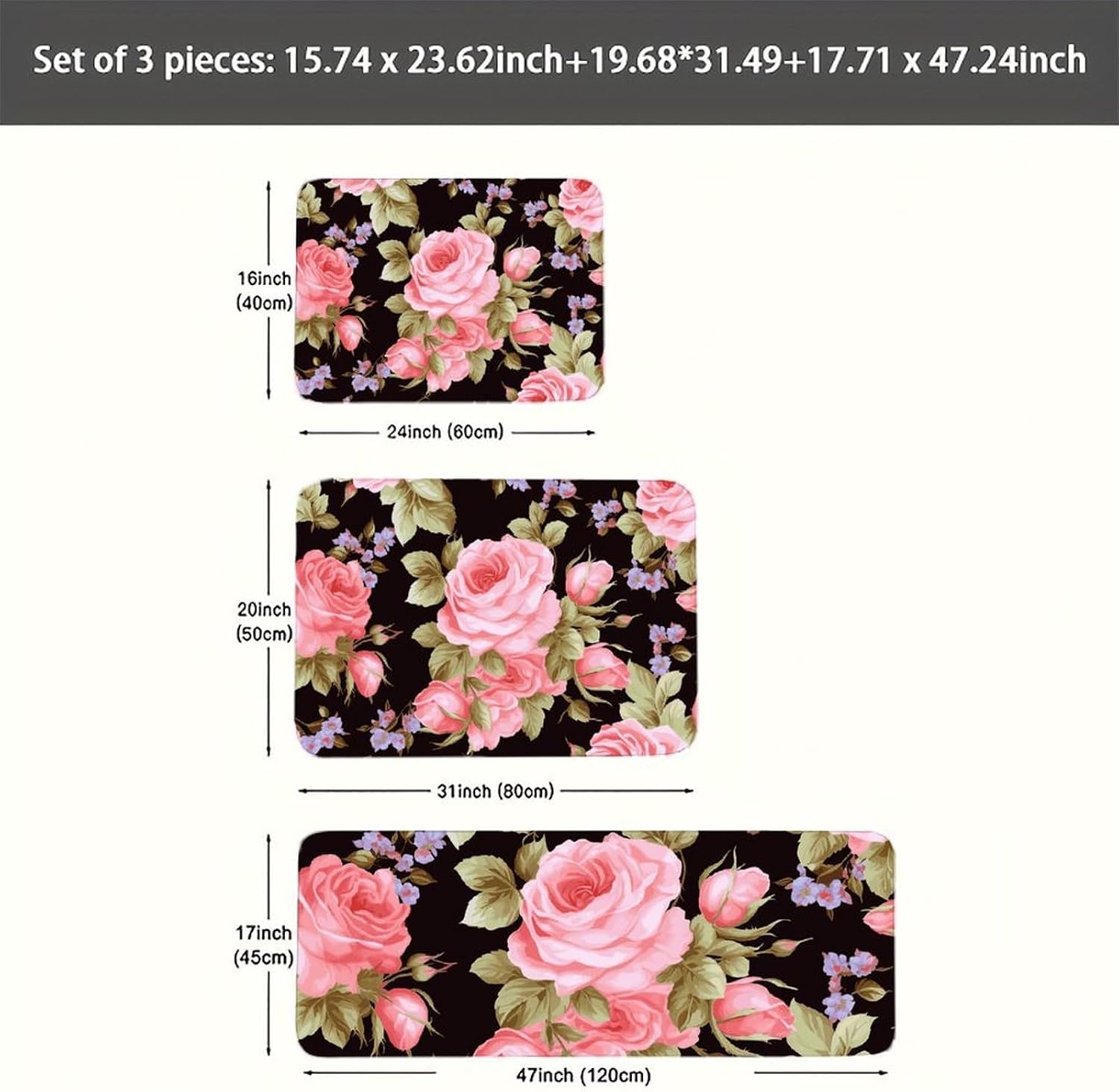 Pink Rose Kitchen Mats for Floor 3 Pcs Kitchen Rugs