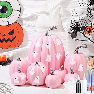 Chunful 8 Pcs DIY Fall Pumpkin Painting Kits Assorted Sizes Foam Fake Craft Pumpkins for Autumn Thanksgiving Halloween Party Festive Home Tabletop Decor(Pink)