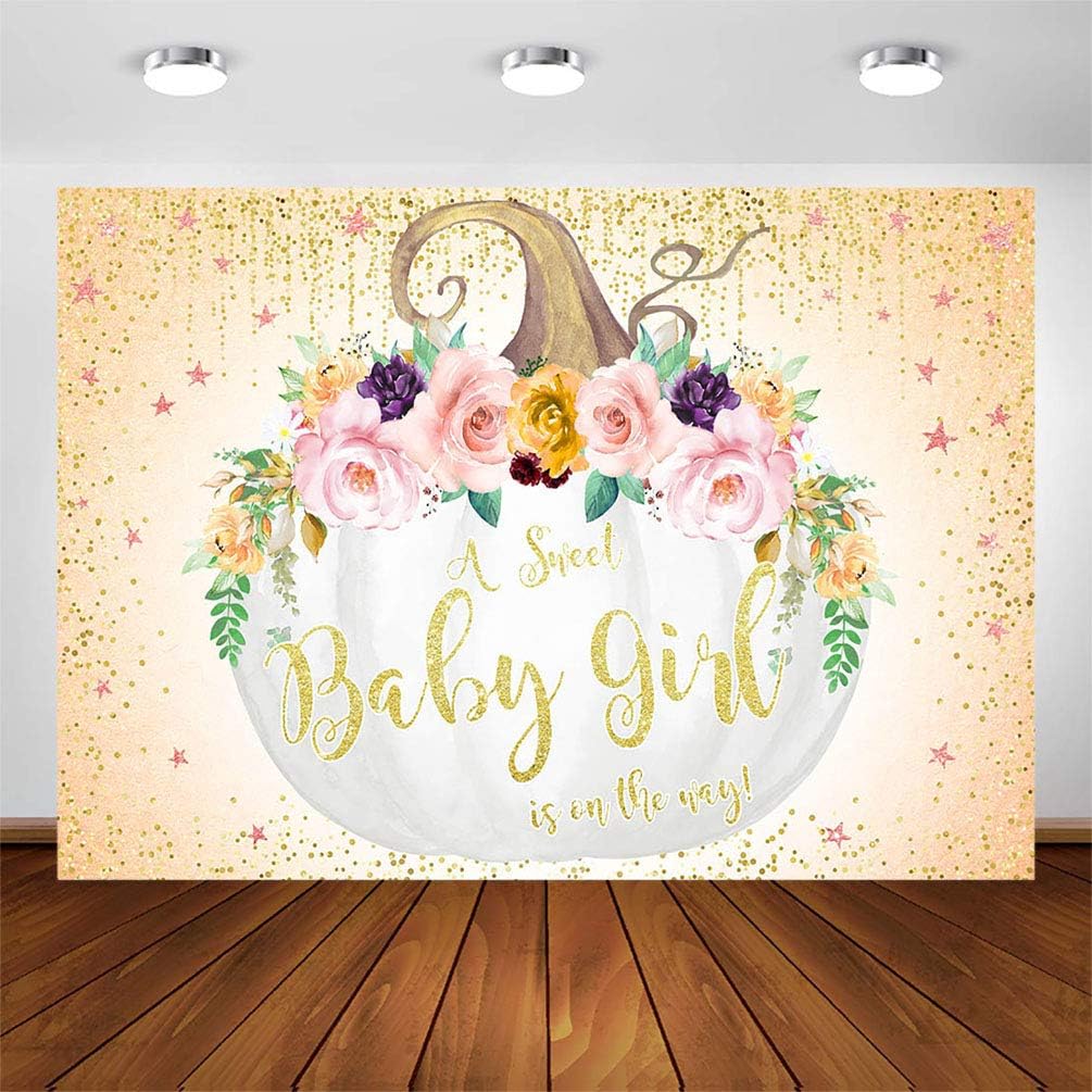 Avezano Girls Pumpkin Baby Shower Backdrop 7x5ft White Pumpkin Floral Golden Glitter Baby Shower Decorations Photography Background A Sweet Baby Girl is On The Way Fall Party Banner Photo Backdrops