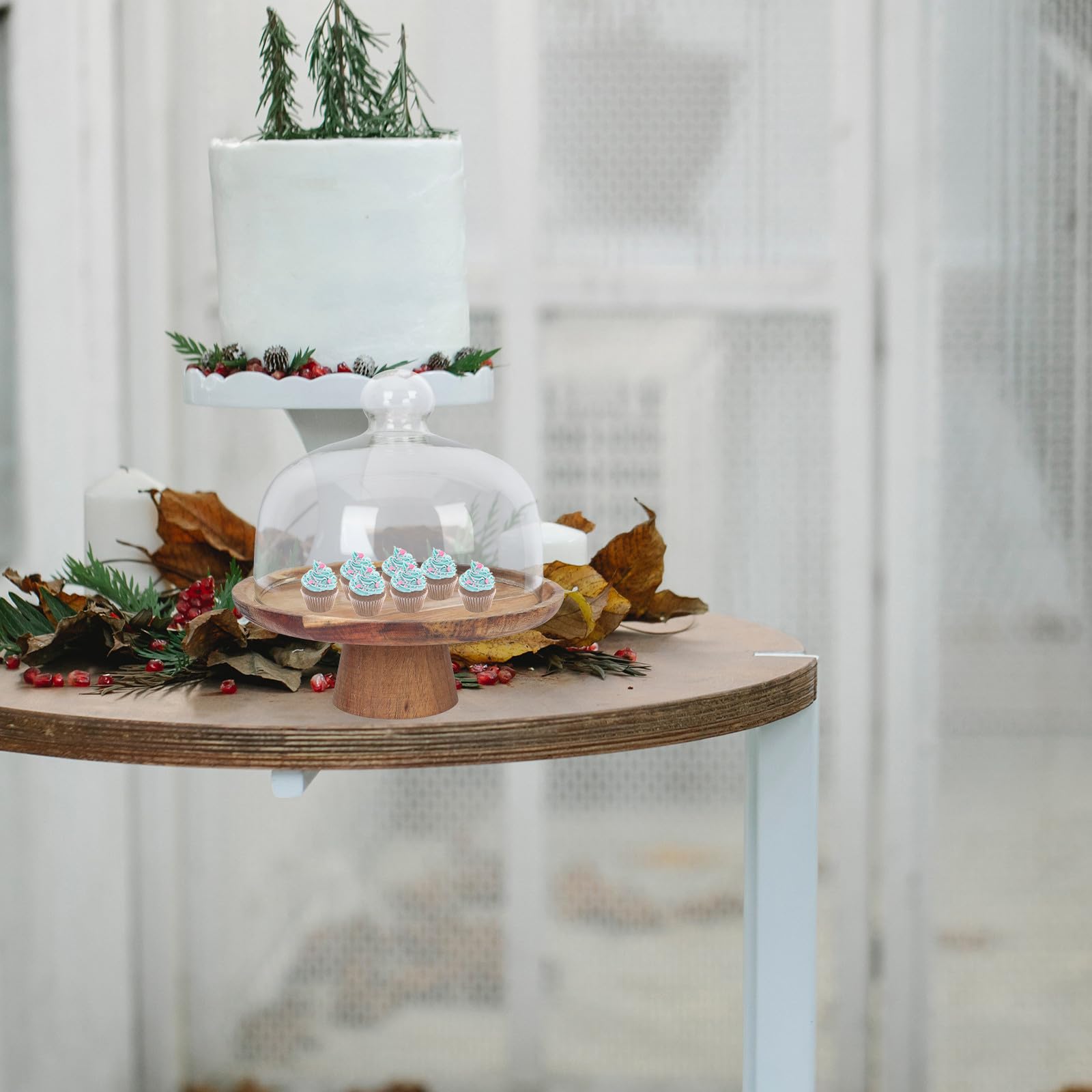 VICASKY Bandeja para Tartas Pequeña de Madera de Acacia con Soporte Alto y Tapa de Cristal, Bandeja para Servir Postres y Frutas, Expositor Adecuado para Fiestas y Eventos