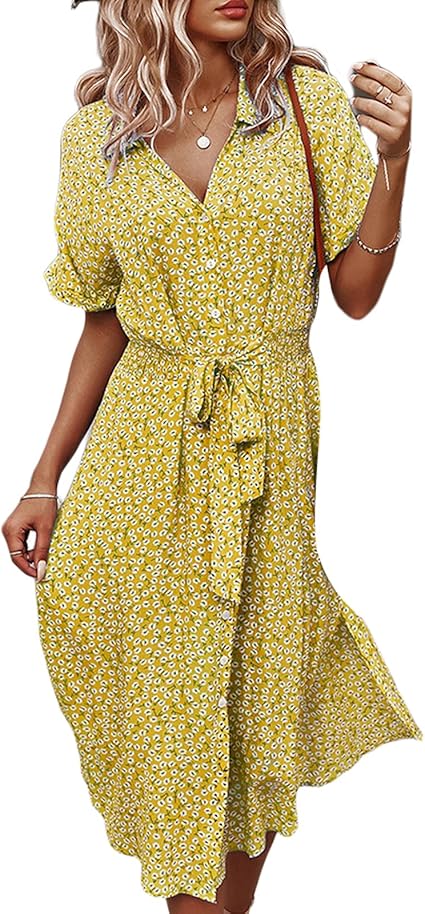 Women Floral Print T Shirt Dress Short Sleeve V Neck Summer Sun Dresses Casual Midi Maxi Dress with Belt Beach Party (Yellow, Small)