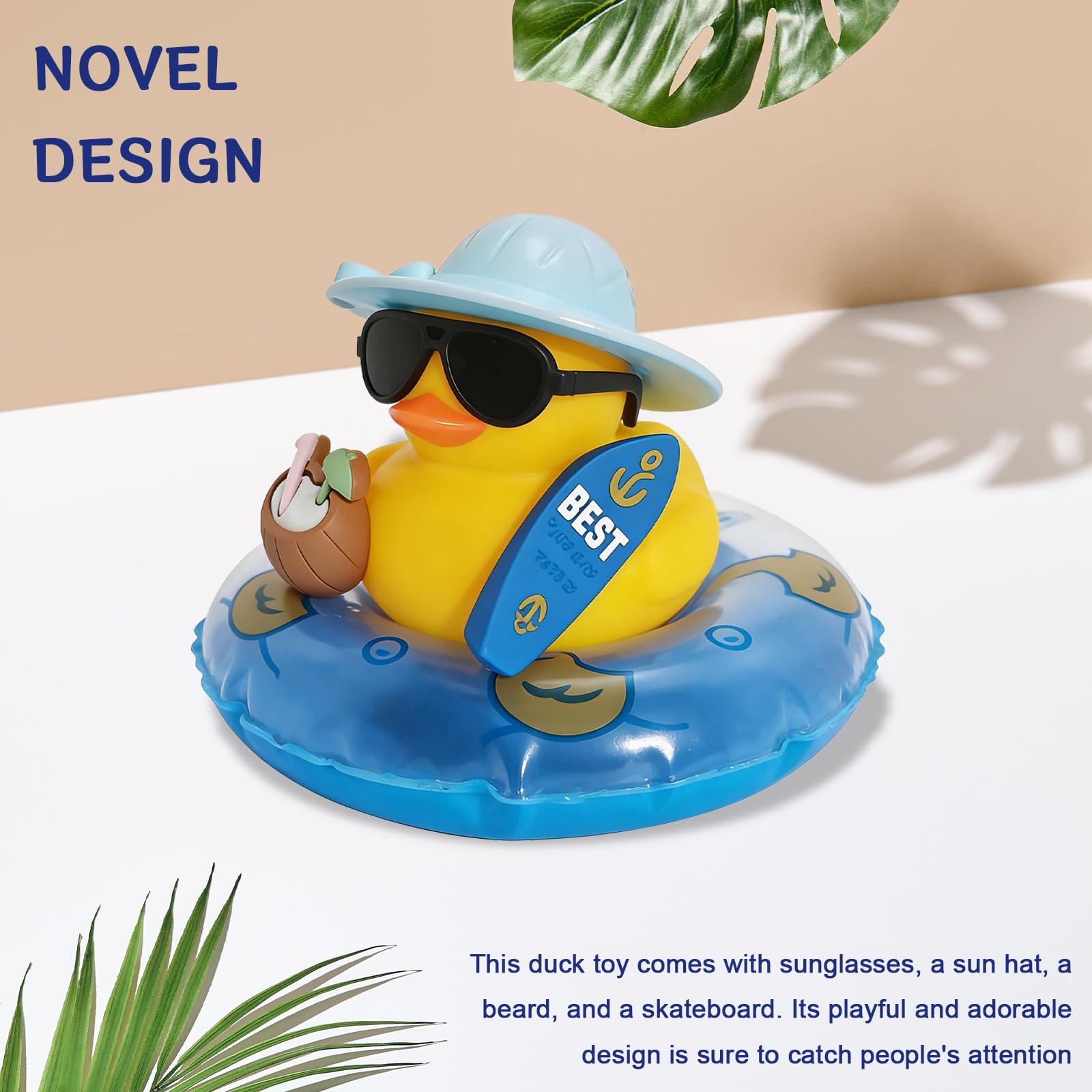 Adornos de Goma para el Coche con Forma de Pato, Patos veraniegos con Tabla de Surf, Adornos novedosos de Goma para el salpicadero del Coche, Pato Coche Genial Salpicadero (Azul) — view 3