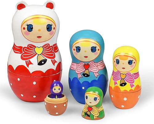 Miniatura 8 de GRPSKCOS Muñecas de anidación rusas Matryoshka Muñecas de madera Animal oso lindo Juguetes de Navidad hechos a mano, regalos Set de 5 para niños (05
