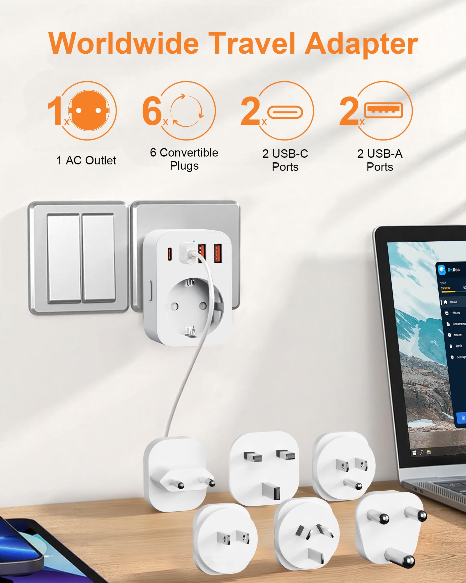Adattatore Da Viaggio Universale Con USB-C E USB – 6 Spine Per UK, USA, Europa, Sudafrica, Giappone (tipo A/B/C/G/I/M)