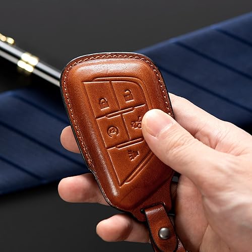 Miniatura 3 de Smyfob Cadillac - Funda de cuero para llavero de automóvil, accesorios para llave de automóvil, color marrón, compatible con llave Cadillac Blade