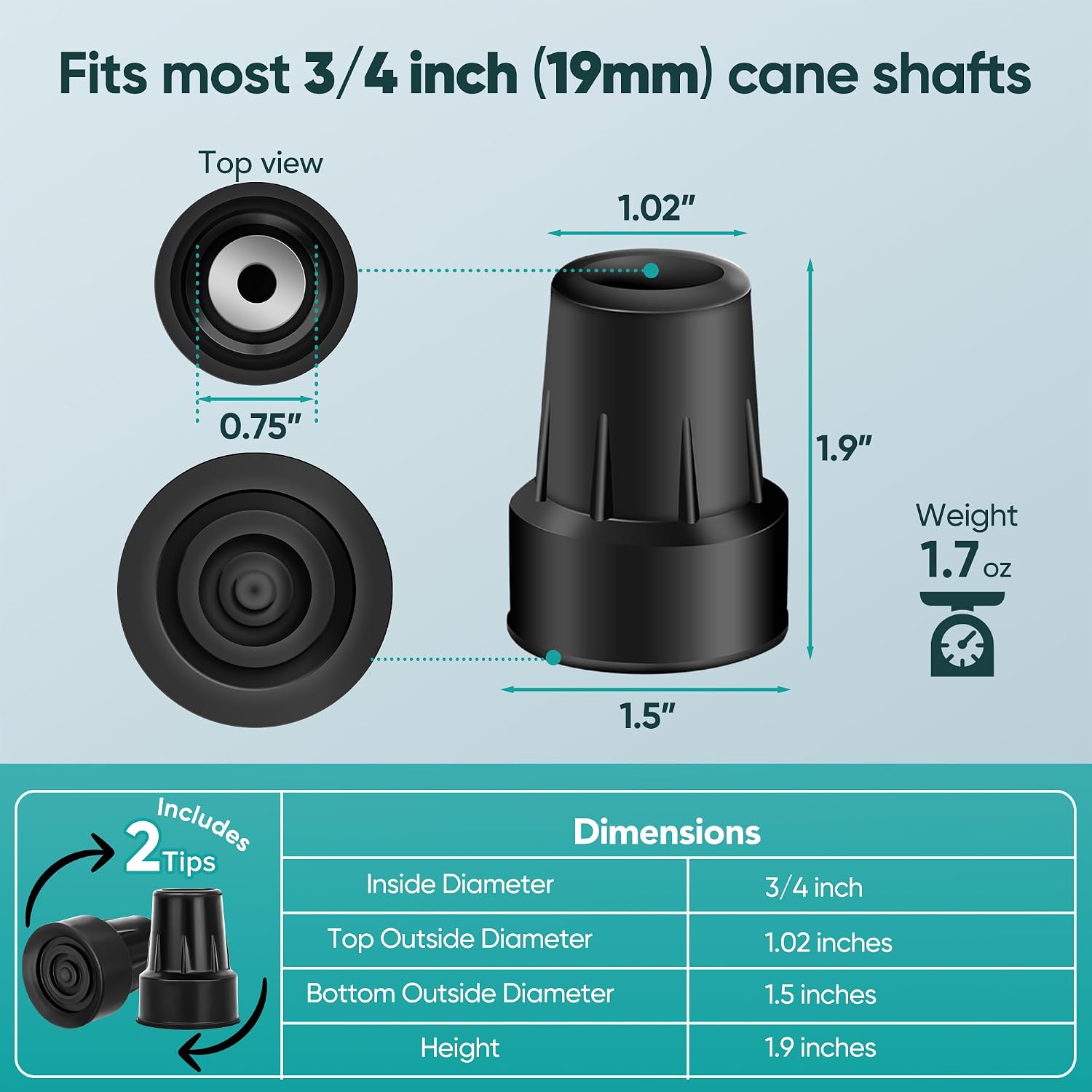 Cane Tips with Metal Insert – Durable Replacement for Most Walking & Travel Canes and Sticks – Universal Compatibility (2 Pack)