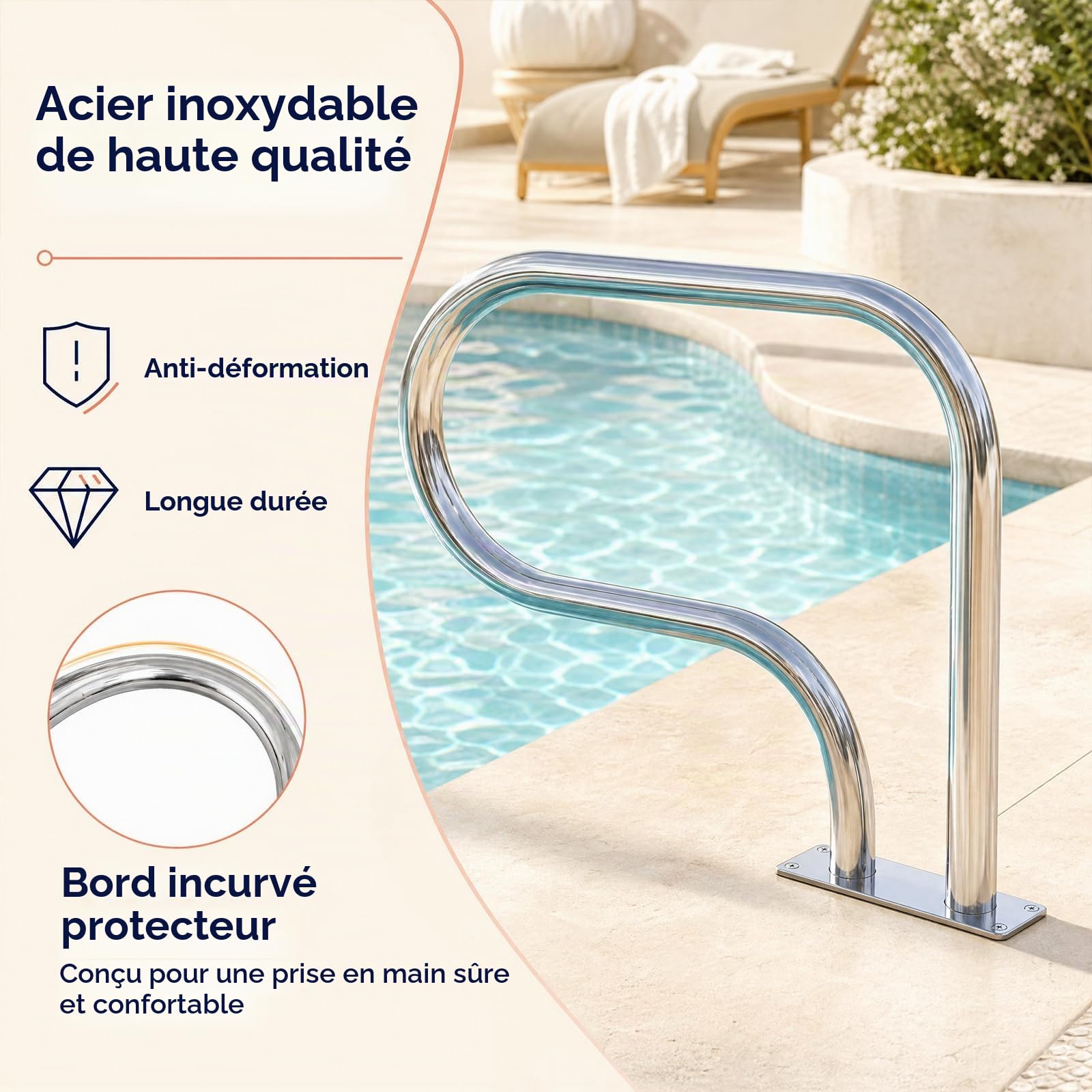HOMASIS Main Courante Piscine, Rampe Piscine en Acier Inoxydable，1：83x57cm
