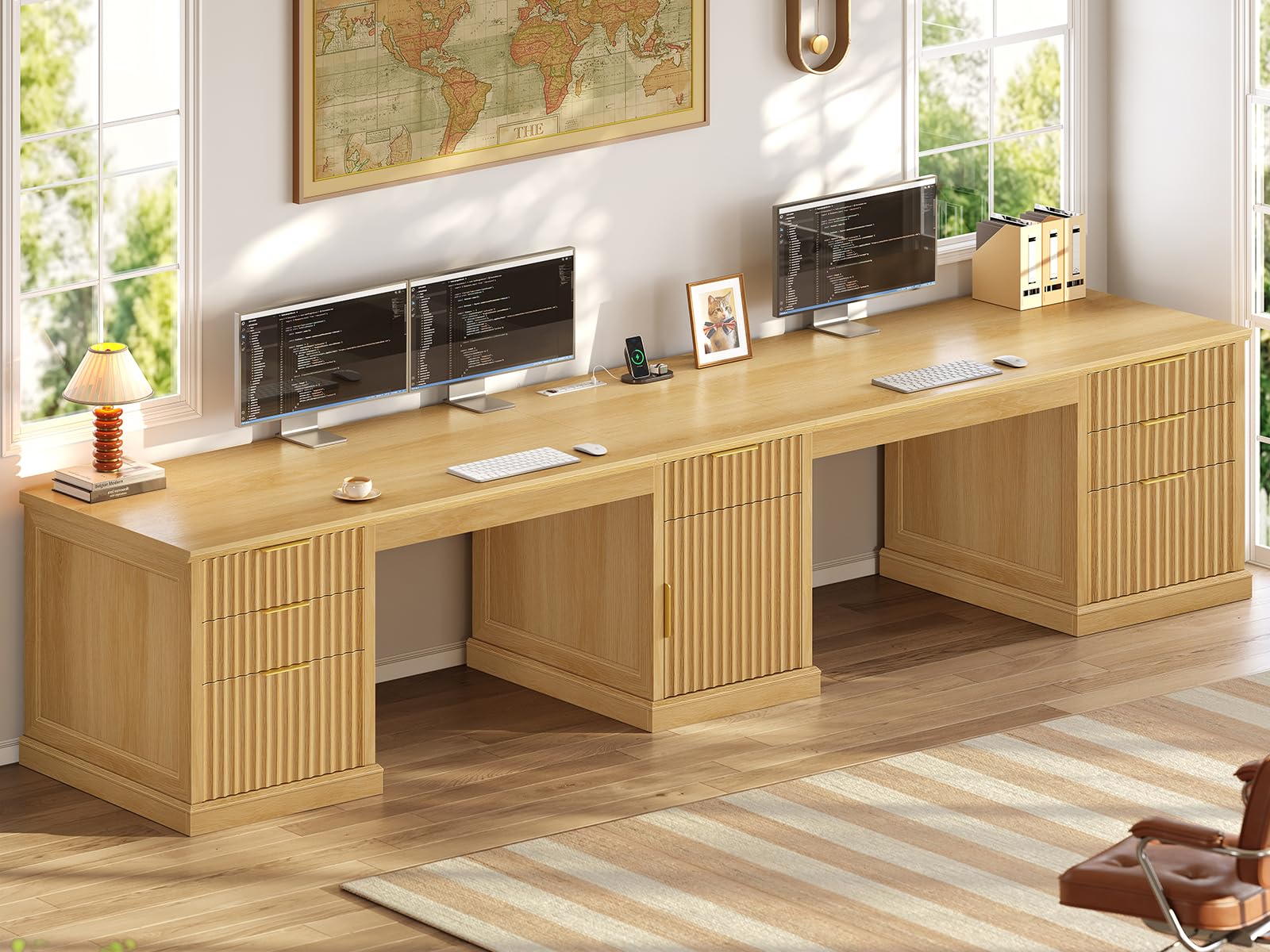SEDETA Fluted 110.3" Two Person Long Desk with 7 Drawers, Oak