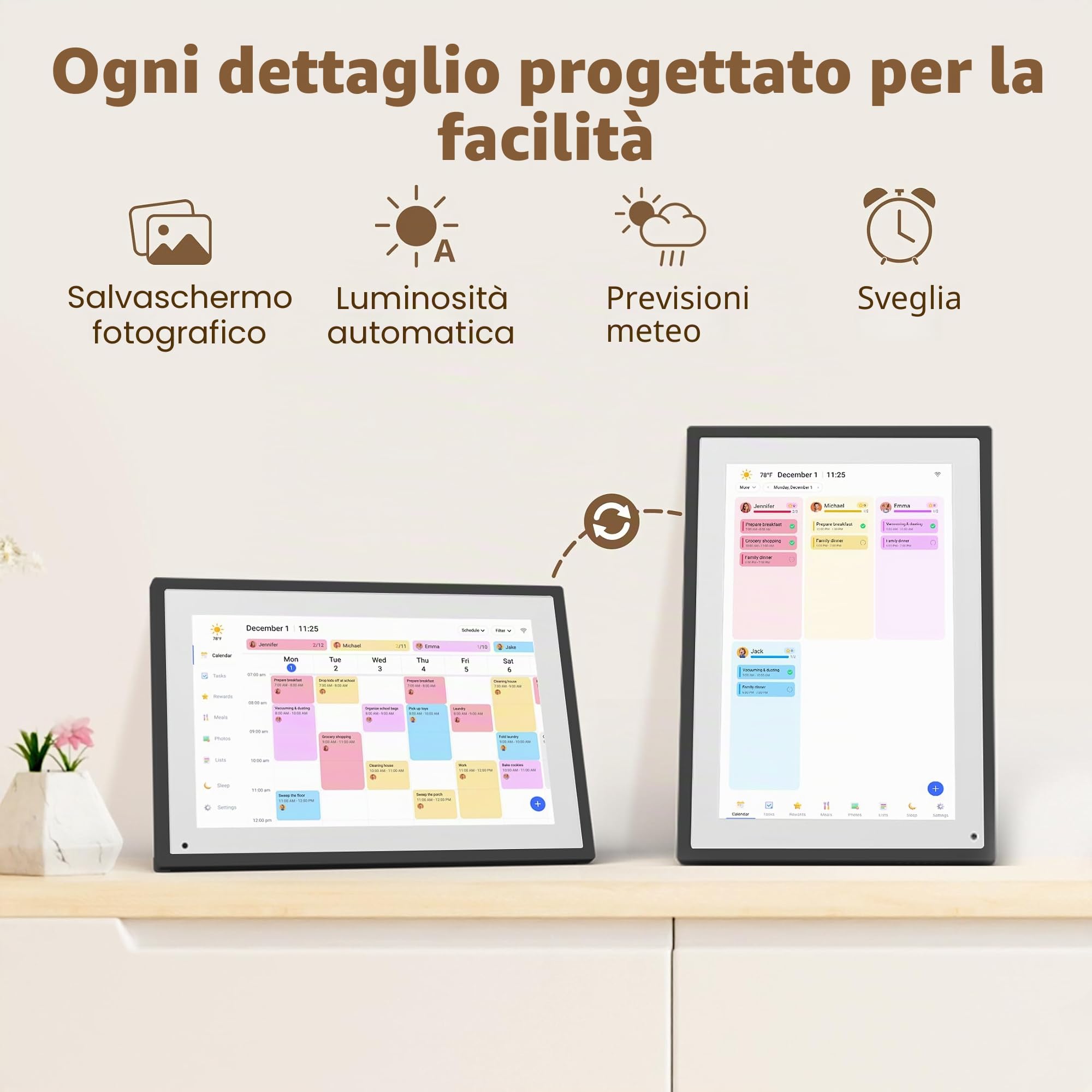 Calendario digitale da 25,4 cm, touch screen, calendario elettronico e grafico delle attività per pianificatore familiare mensile/settimanale, calendario intelligente interattivo con premi