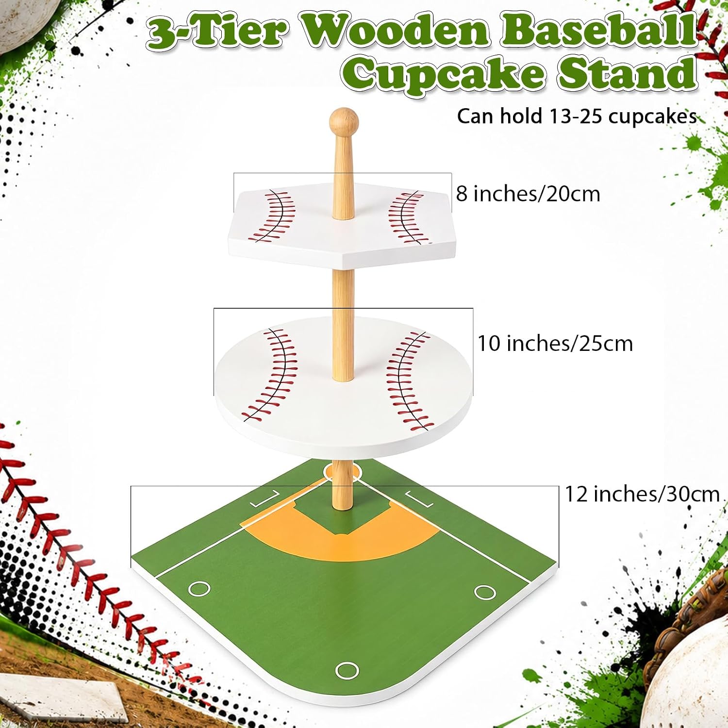 Thenshop 3-Tier Wooden Baseball Cupcake Stand 12 Inch, World Baseball Party Decorations, Sport Dessert Cake Table Displays for Tailgate, Birthday, Baby Shower, Sports Theme Party Supplies image 2