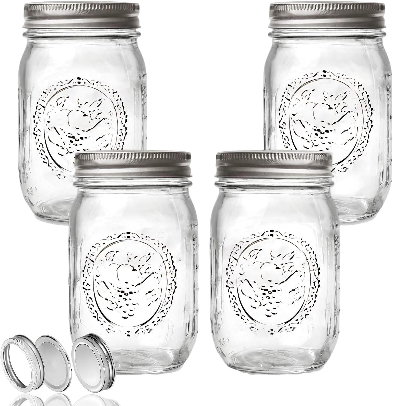 Overnight Oats Jar,Glass Regular Mouth Mason Jars with Silver Metal Lids for Sealing,Canning Jars for Food Storage or Pickling Jars(450ML/15.8 OZ/4 Pack)
