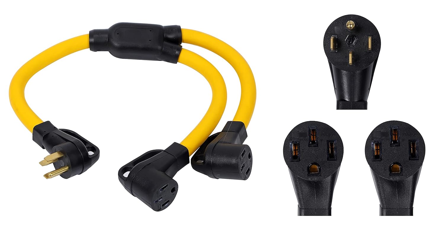 14-50P to 2 Outlet 14-50R 3 Feet Y Splitter 120V/240V 50 Amp 4 Prong Male Plug 4 Prong Female Receptacle Welder Generator Dryer RV Power Cord Adapter