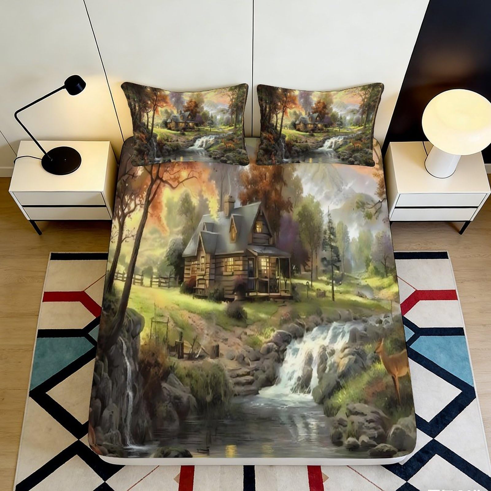 3D Printed Cottage Waterfall Fitted Sheet Microfiber Autumn Forest Bed Cover for Bedroom Guest Room Decor 90x200x25cm