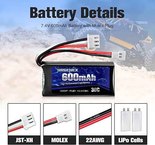 Miniatura 3 de URGENEX FCX24 Batería Lipos 2S 30C 600mAh Batería de litio recargable con enchufe Molex compatible con FMS RC Car y la mayoría de camiones RC 110,