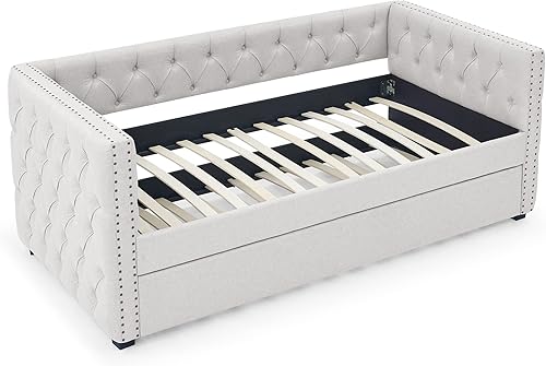 Miniatura 3 de Sofá cama de día con nido, tamaño individual, tapizado, capitoné, con botón y clavos de cobre, muebles para dormitorio, sala de estar, habitación de