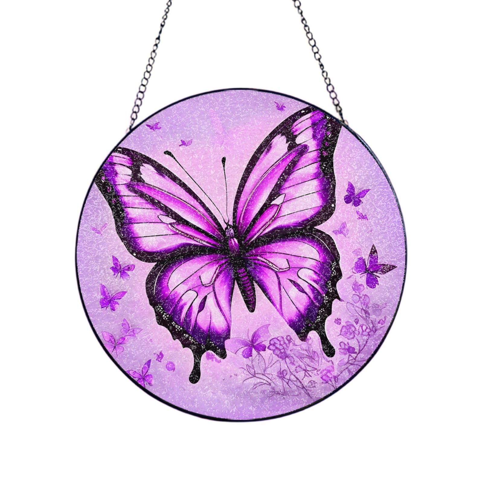 Poezjzw Stained Glass Window Hanging - Purple Butterfly Sun Catcher For Door Garden Home Decor Christmas Mother'S Day Birthday Gifts 6in（15cm）