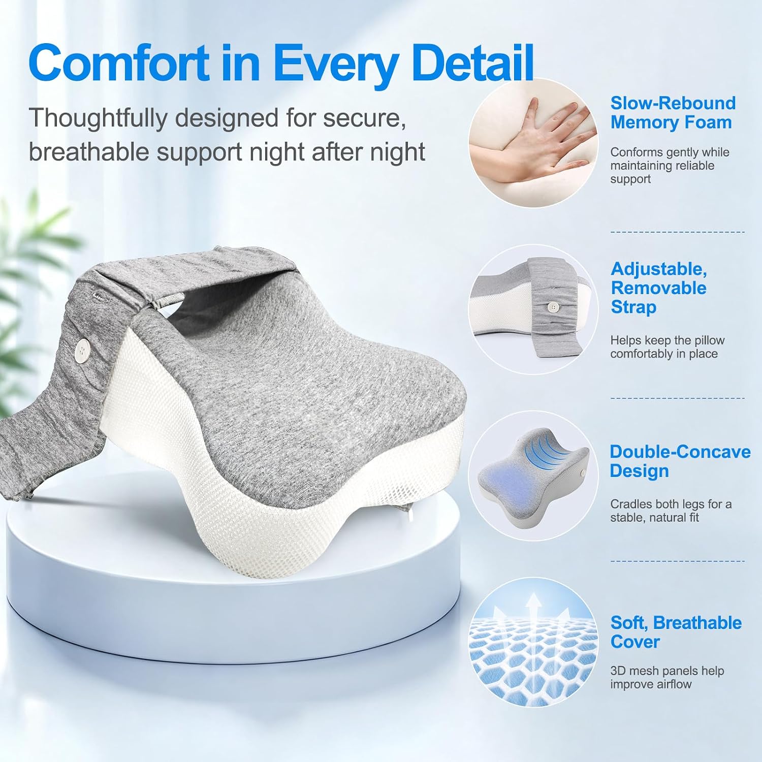 Knee Pillow for Side Sleepers with Adjustable Strap, Orthopedic Memory Foam Leg Pillow, Ergonomic Double Concave Knee Support Pillow with Washable Breathable Cover for Hip, Legs & Spine Alignment