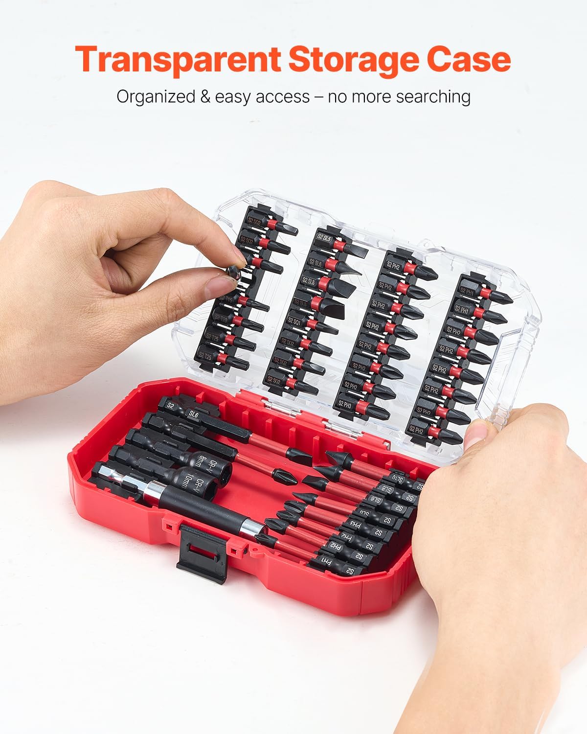 VEVOR Screwdriver Bit Set, 45-Piece, Magnetic Phillips, Slotted, Square, Torx Bit, Hex Nut Sockets, Extension Rod with Transparent Storage Case, High-Strength S2 Alloy Steel, Blackened Finish