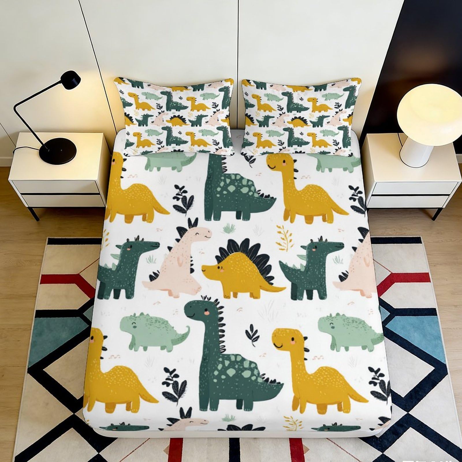 Pnayamiorkfel Style-8 3D Printed Cartoon Dinosaur Fitted Sheet Microfiber Soft Yellow Green Bed Cover For Bedroom Guest Room Decor 90X200x25cm