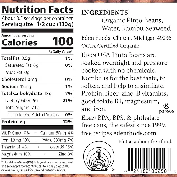 Eden Organic Pinto Beans, 15 oz Can, No Salt, Non-GMO, Gluten Free, Vegan, Kosher, U.S. Grown, Heat and Serve, Macrobiotic, Frijol Pinto 2