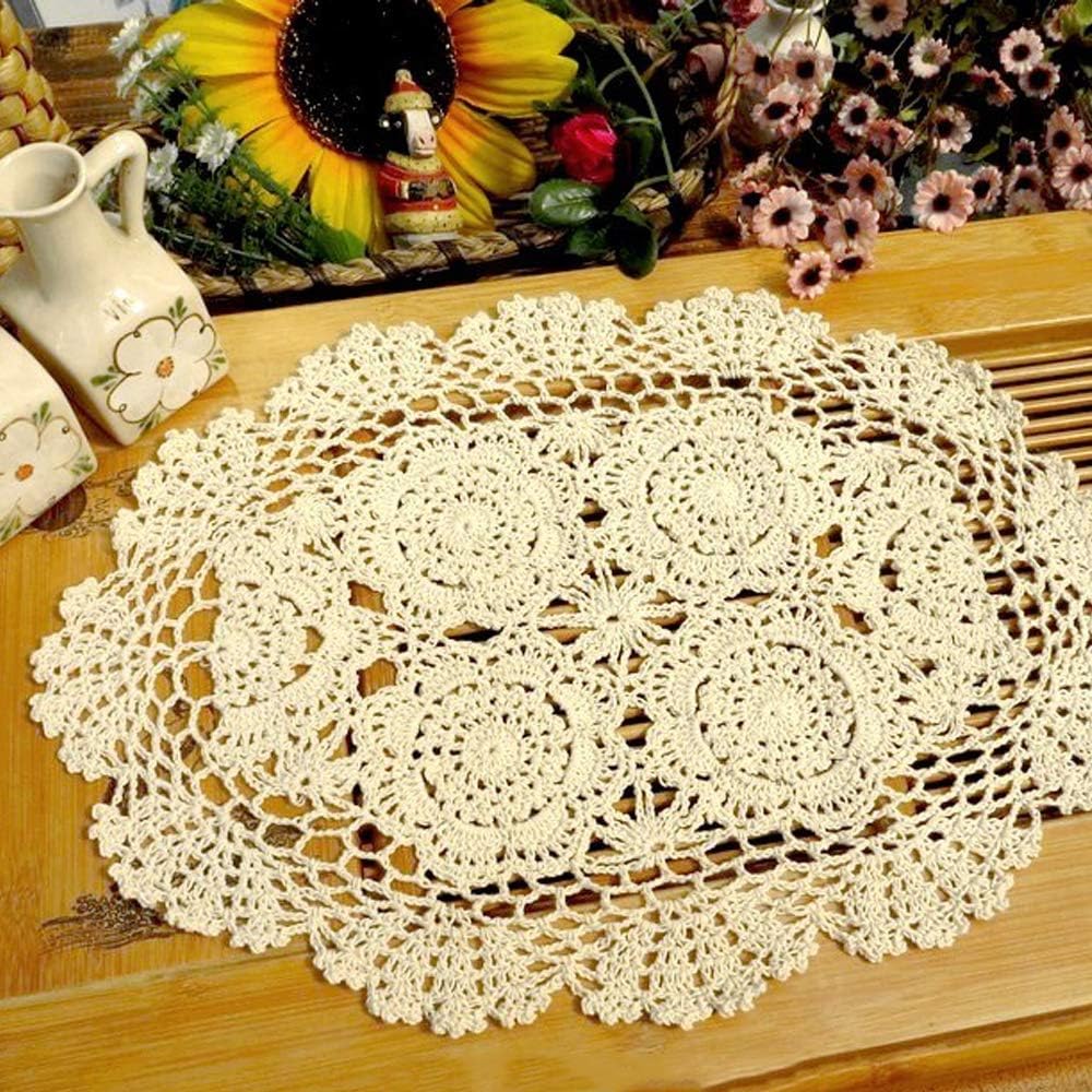 Polkar Pack of 2 PCS Beige Crochet Cotton Lace Placemats Doilies,12 x 17 inch (2PC-Beige)