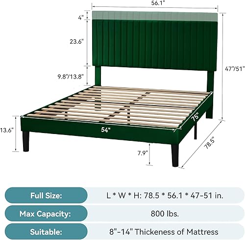Miniatura 78 de HOOMIC Base de cama de plataforma de tamaño matrimonial, cama tapizada de terciopelo moderno con cabecera capitoné de canal vertical ajustable,