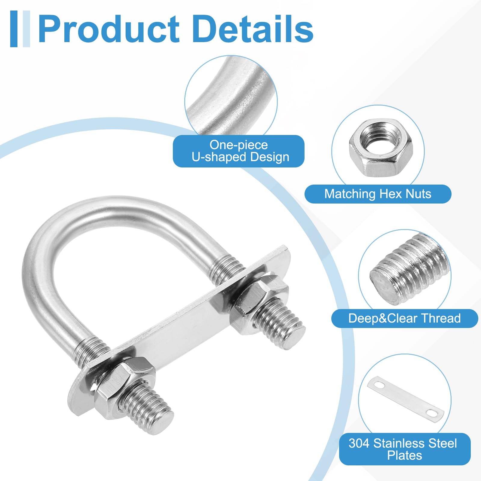QUARKZMAN M10 U-Bolts Ronds, 4 Ensembles 42mm(1.65" Largeur Interieure 74mm(2.91") Longueur 201 U-Clamp En Acier Inoxydable Avec Plaques Et Ecrous Pour Automobile, Silver