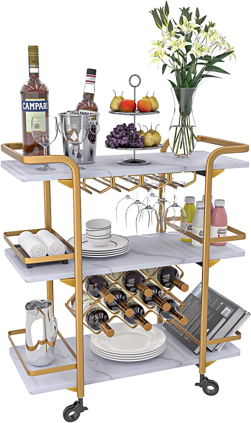 Jubao Bar Serving Cart, 3-Tier Storage Serving Cart Rolling Wine Trolley Kitchen Island Cart with Wine Glass Holder, Handle Racks with Litght Stone Finish Wood and Gold Metal Commercial or Home Used - Bar & Serving Carts