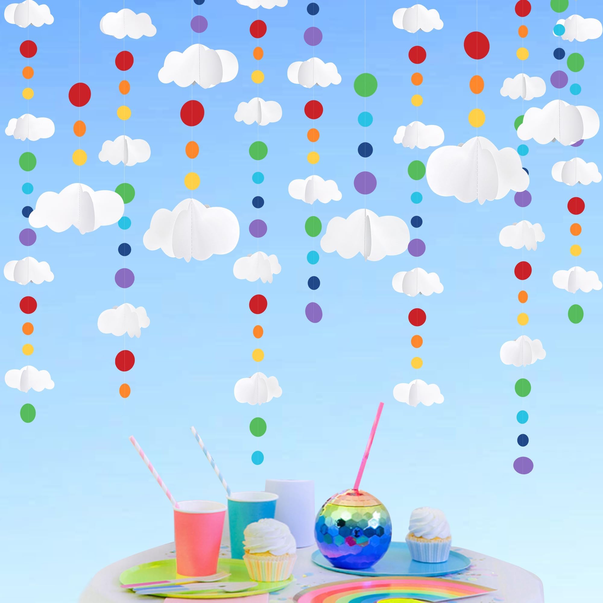 40Ft 3D Cloud Rainbow Circle Dots Garland Party Decorations 3D Clouds Colorful Polka Dot Hanging Streamer for Birthday Wedding Baby Shower Carnival Kids Room Classroom Nursery Ceiling Wall Decor