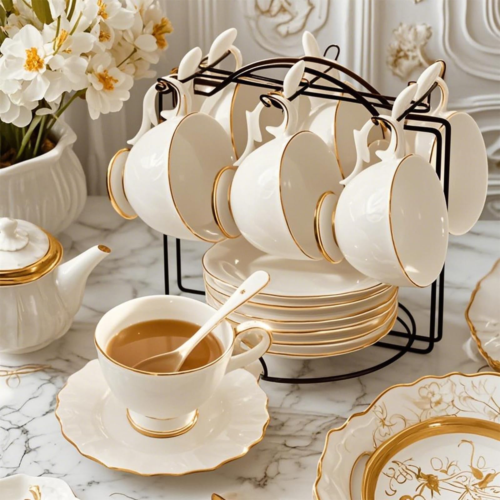 Service À Thé Vintage En Porcelaine 18 Pièces Avec Soucoupes Et Cuillères - Service À Thé Européen En Porcelaine Fine 200 Ml - Service À Café/Thé - Cadeaux Pour Femmes