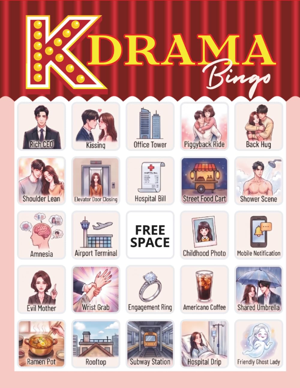 K-drama Bingo: 32 Player Party Games for Girls' Night, Slumber Parties, Kdrama Lover Gifts and Cultural Event