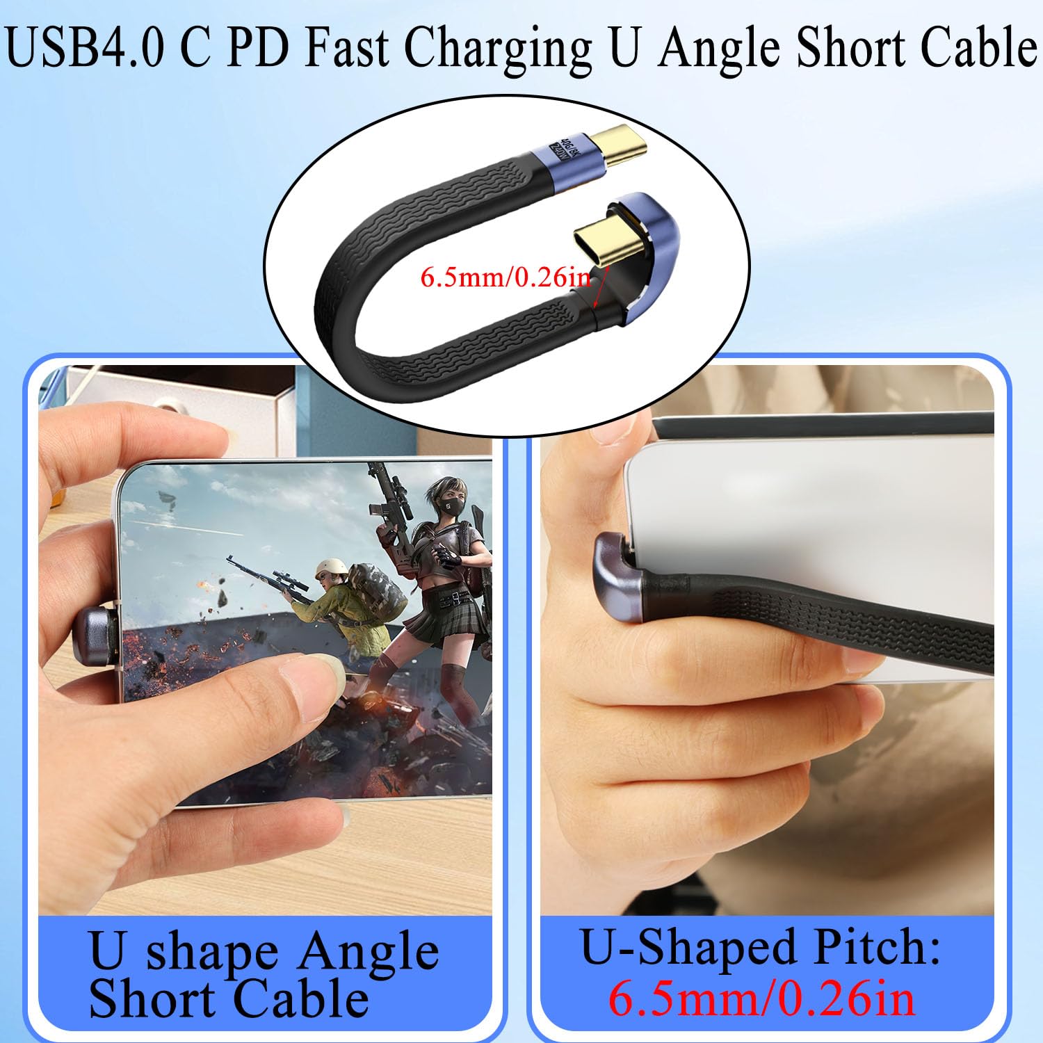 QIANRENON 240W USB4.0 C PD Fast Charging U Angle Short Cable 40Gbps Type C 4.0 Male to U Shape Male Flat Soft Data Cable USB4.0 C Full Function 8K@60Hz,for Phone Thunderbolt 3/4 Power Bank,13cm/5.1in - Image 2