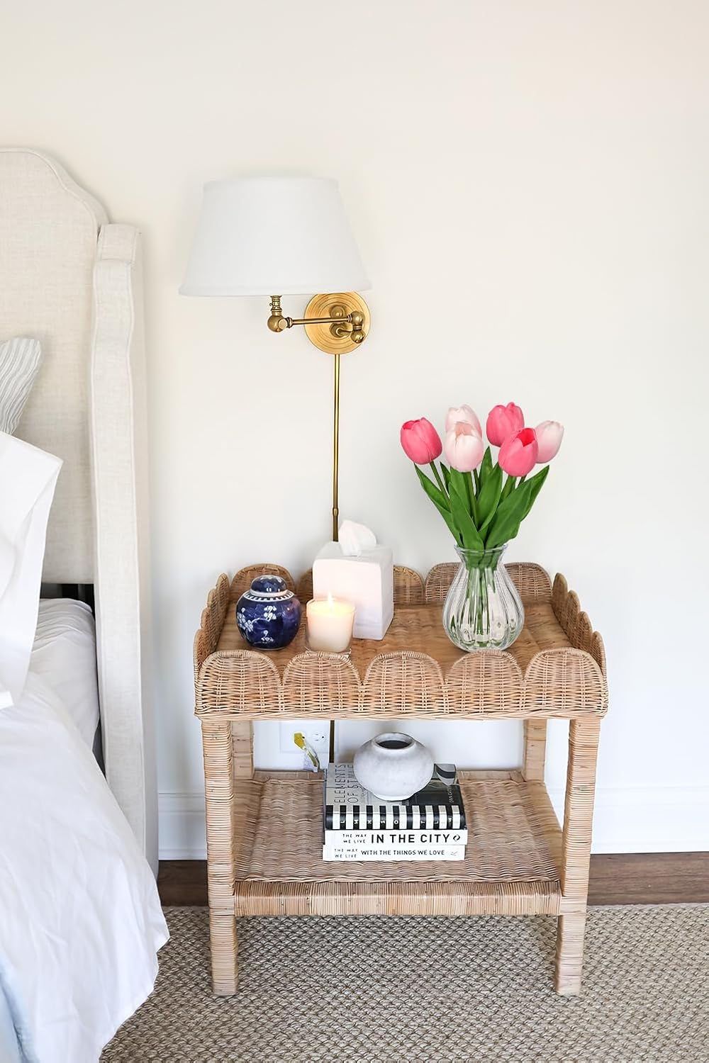 Artificial Tulips Flowers Floral Arrangement - 6 Pcs Faux Flowers in Clear Glass Vase with Faux Water 12.5" Pink & White Ombre Fake Tulip Bouquet Centerpiece for Dining Table Home Wedding Office Decor