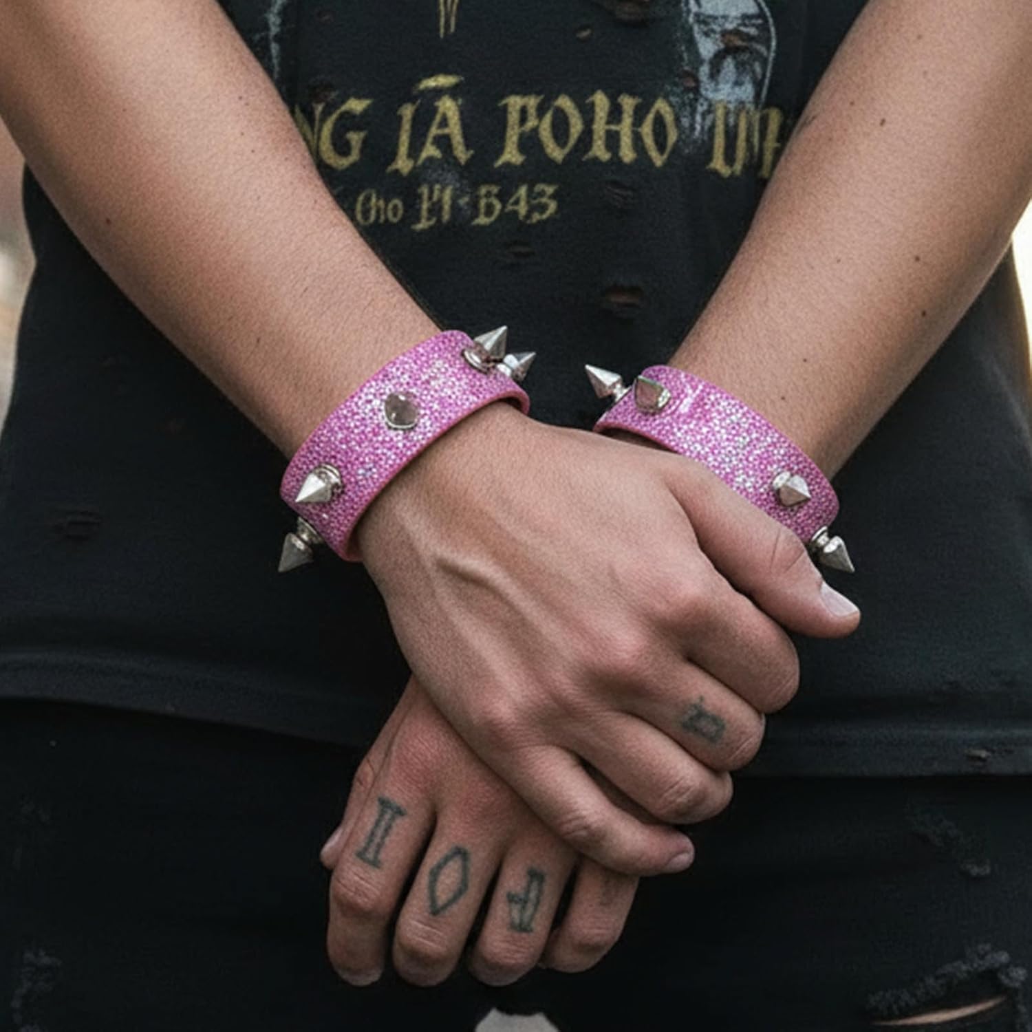 2PCS Studded Bracelet Rock Wristband Bracelets Cuff Wrap Bangle Sparkly Wristbands for Men Women - Image 2