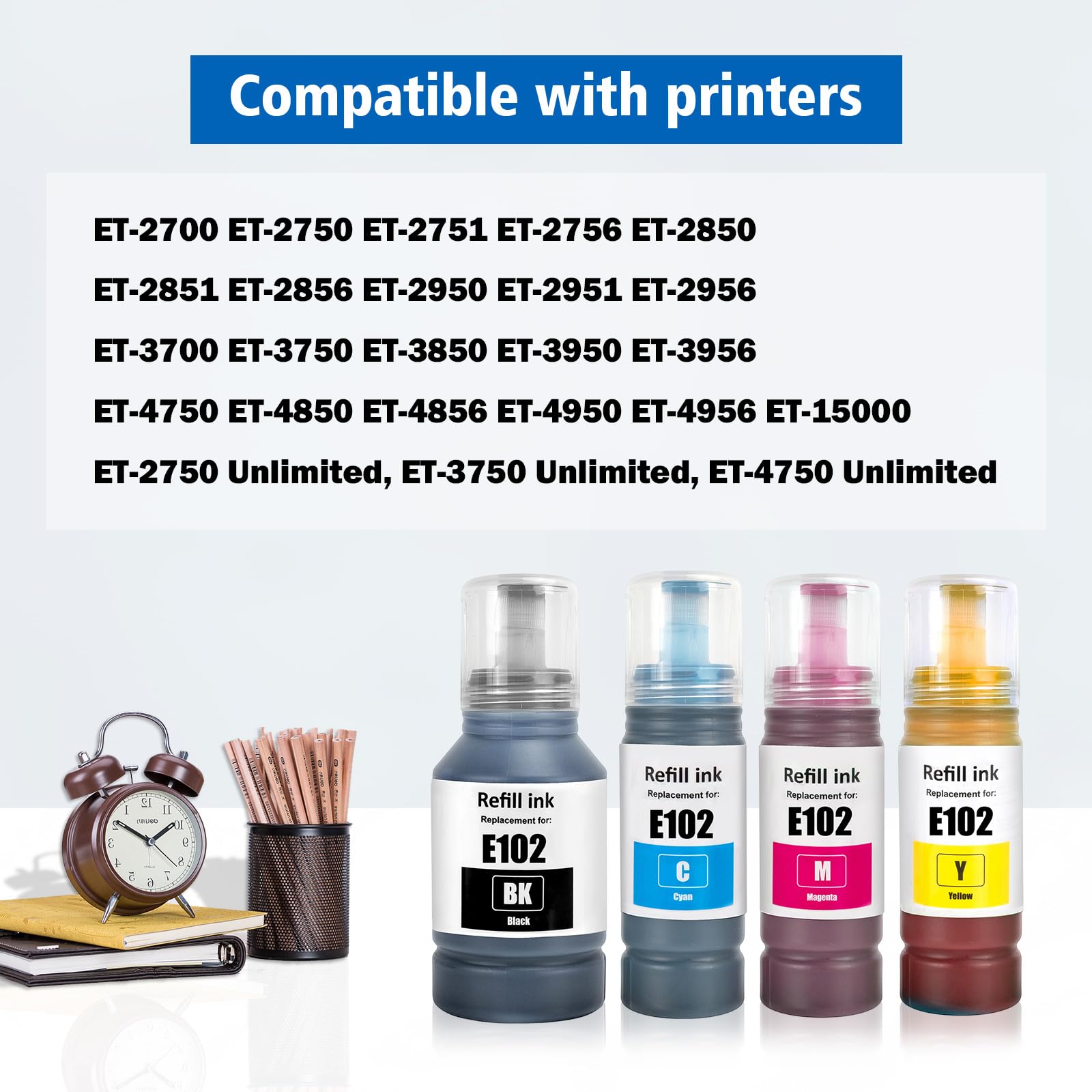 102 Inchiostro Multipla Compatibile per Epson EcoTank ET-2750 ET-2756 ET-2850 ET-2851 ET-2856 ET-3700 ET-3750 ET-3850 ET-4500 ET-4700 ET-4750 ET-4850 ET-4856 ET-15000 Stampante (BK/C/M/Y)